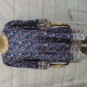 𝅺BEBOP Boho Short Dress Blue Floral Print 3/4 Puffy Sleeve Size Medium